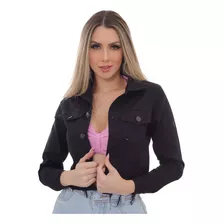 Jaqueta Jeans Cropped Feminina Preto Tecido Premium Elegante
