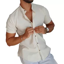 Camisa Masculina Branca Social Gola Padre Linho Premium Moda
