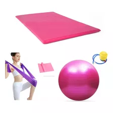 Kit Ginástica Bola Pilates 65cm + Elástico 1.5m + Colchonete Cor Rosa