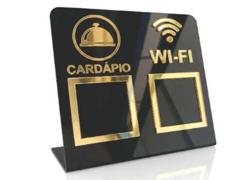 Kit De 5 Placas Para Mesa Restaurante Qrcode Wifi E Cardapio Preto Com Dourado
