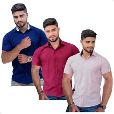 Kit 3 Camisa Masculina Social Manga Curta Slim Luxo Oferta