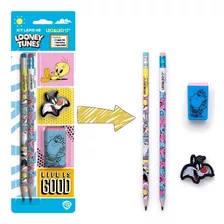 Kit 2 Lápis Hb Mais Borracha E Apontador Looney Tunes - Leo Cor Da Marcação Sortido