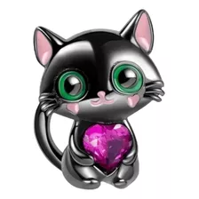 Charm Gato Negro Corazón Fucsia Plata Fina 925 