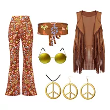 Conjunto De Disfraz Hippie Para Mujer, Chaleco Con Flecos,