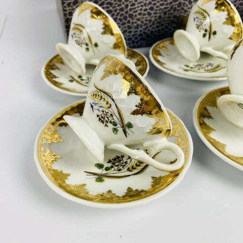 Jogo 6 Xícaras Café Porcelana Dourada Vintage 75ml Branco Dourado 2