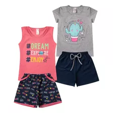 Kit 2 Conjuntos Infantil Menina Verão 2 Blusas E 2 Shorts