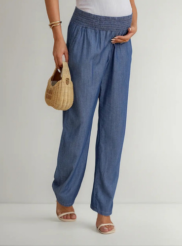Calça Grávida Gestante Jeans Verão Cós Lastex Flexivel 