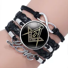 Pulseira Masculina Maçonaria Couro Maçom Maçônico Linda