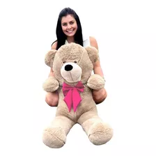 Urso Teddy Gigante Pelúcia Com Laço 1,10m Cores Antialérgico Cor Avelã / Pink
