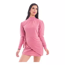 Vestido Corto Manga Larga Cuello Alto Cruzado Con Cinta Moda