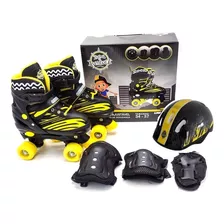 Patins Roller Infantil Quad Preto + Kit Proteção - 34 A 37