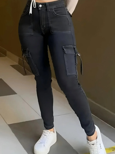 Calça Jeans Cargo Skinny Cintura Alta Feminina Preto M