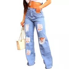 Calça Feminina Jeans Premium Wide Leg Com Rasgos Destroyed