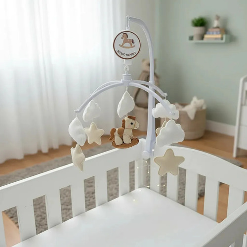 Mobile Musical Giratório De Berço Para Bebê: Cavalinho De Feltro Branco Animal