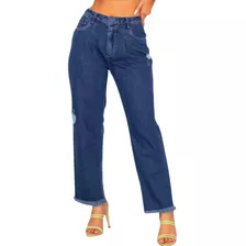 Calça Jeans Slouchy Feminina Rasgada Com Barra Desfiada