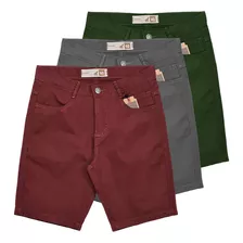 Kit Com 3 Bermudas Masculinas De Sarja Coloridas Baratas