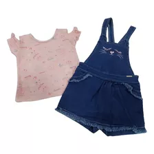 Conjunto Jardineira Jeans + Blusa Menina Verão Paraiso 14072