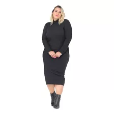 Vestido Manga Longa Canelado Premium Plus Size Moda Inverno