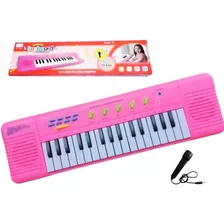 Piano Teclado Rosa Brinquedo Infantil Microfone Musical 