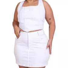 Saia Jeans Plus Size Branca E Cropped Conjunto Tendência