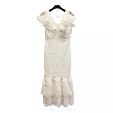 Vestido Elegante De Crochet Blanco Olán Y Ezcote En V