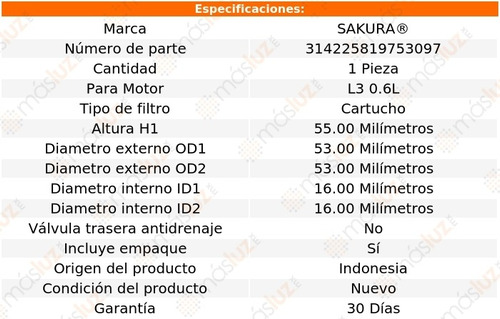 1) Filtro Aceite Smart Roadster 3 Cil 0.6l 03/07 Sakura Foto 2