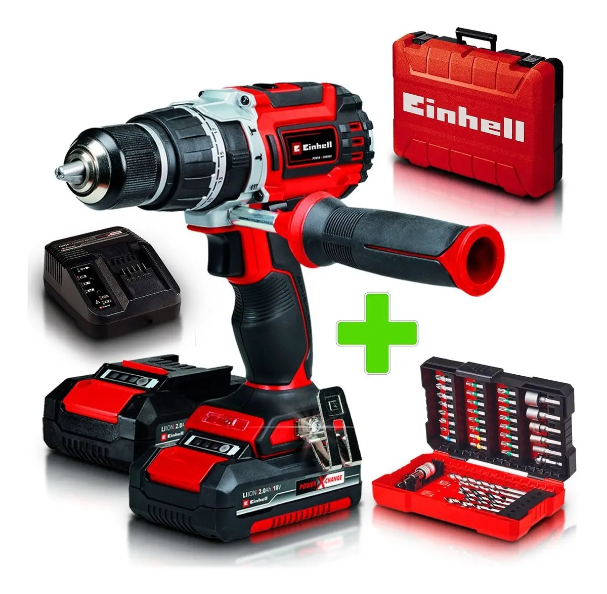 Taladro Percutor Atornillador Inalámbrico De 13mm Einhell Tp-cd 18/60 Li-i Bl 2 Baterías De 2ah Kit 39 Accesorios Rojo/negro