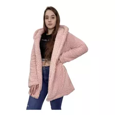 Casaco Teddy Feminino Longo Inverno Pelúcia Forrado C/ Capuz