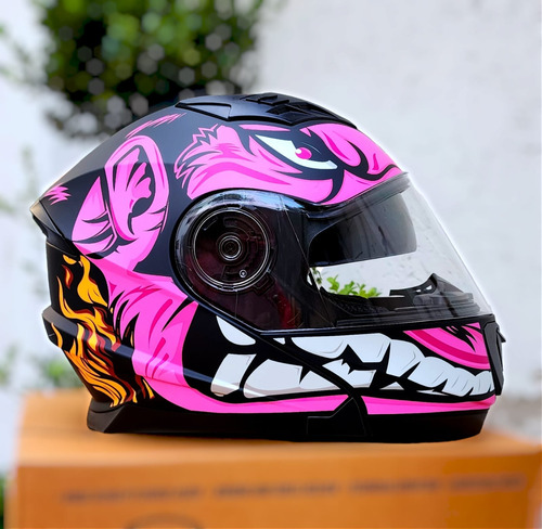 Casco Moto Iron Racing The Beast Rosa Negro Abatible + Lente Foto 2