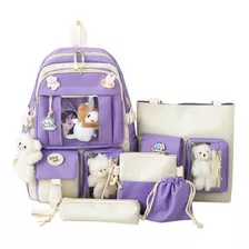 Mochila Escolar Conjunto Combo Kawaii Estilo Coreano 5 Peças