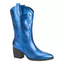 Bota Vaquera Bordada Puntiaguda Tacon Ancho Azul Metalico Tb