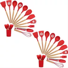 2 Kits 10 Utensílios Cozinha Escumadeira Concha Espatula Top Cor Vermelho