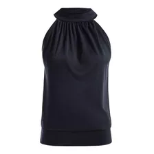 Blusa Preta Feminina Gola Alta Cavada Regata Sem Mangas