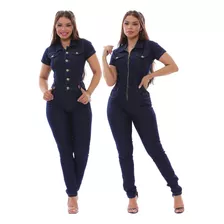 Macacão Jeans Feminino Longo Com Lycra Zíper 