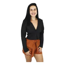 Blazer Cropped Feminino Manga Alongada E Ajuste Em Botões