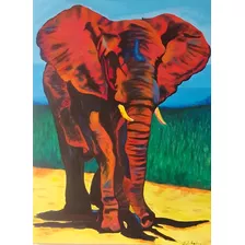 Painel Pintado À Mão Em Acrílica, Tema Elefante Vermelho