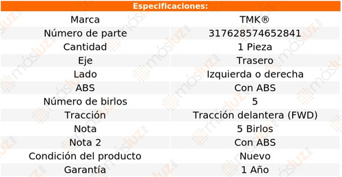 1- Maza Trasera Izq/der Con Abs Accord V6 3.5l 12/17 Tmk Foto 2