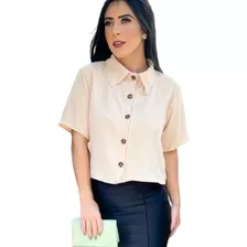 Camisa Social Cropped Botões Manga Curta Blusinha Feminina