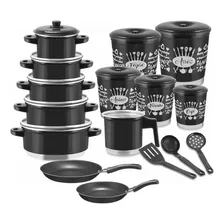 Jogo Kit Panela Caçarola+leiteira+mantimento+jogo Frigideira Cor Preto