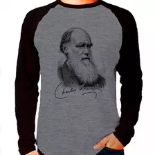 Camiseta Raglan Manga Longa Charles Darwin Cinza Mescla