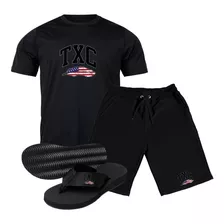 Kit Camiseta Txc + Bermuda Moleton E Chinelo Texas
