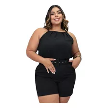 Conjunto Alfaiataria Plus Size Linho Regata Cinto Short