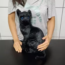 Gato Pelucia Sentado Realista Preto Decoração Antialérgico