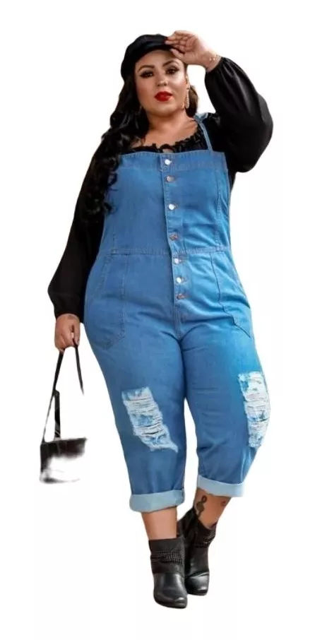 Macacão Plus Size Jeans Mom Até54 Blogueira Top Luxo Botões