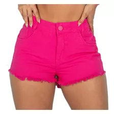 Short Jeans Curto Pink Liso Barra Desfiada Cintura Alta
