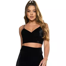 Cropped Veludo Alcinha Blusa Feminina Brilho Camiseta