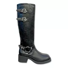 Bota Biker Cano Longo Fivelas Salto Baixo Bloco Grosso Moda