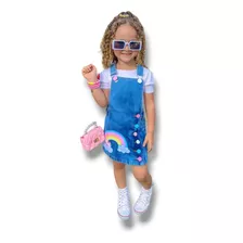 Jardineira Luxo Arco-íris Jeans Infantil Vestido Menina Ful