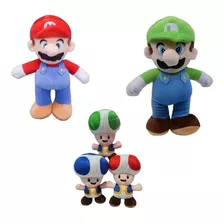 Kit5 Pelúcias Super Mário Bros 25cm Mário, Luigi E Toads