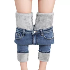 Calças Jeans Femininas Quentes Pelúcia Elásticas Inverno